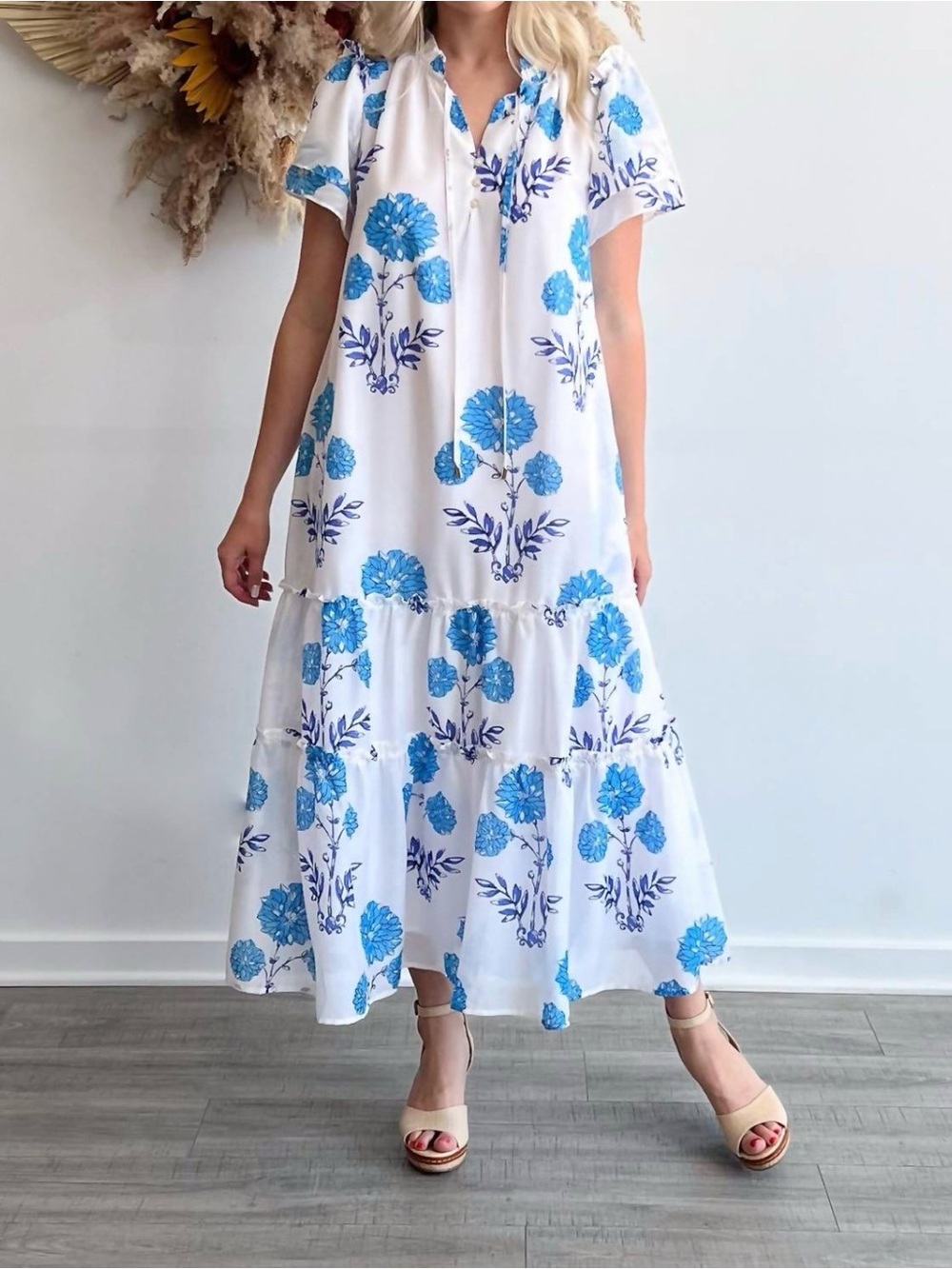 J. Marie White Maxi Dress with Blue Floral Print
